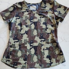 Skechers Women's Scrub Top Size M Green Brown Cat Animal Print