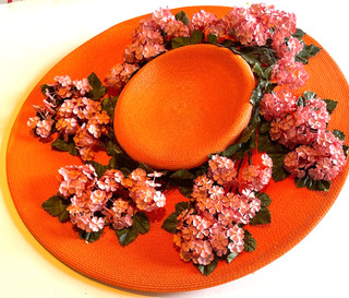 Vintage Mr. Charles Orange Floral Wide Brim Woven Ladies Hat c 1940s