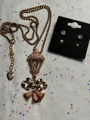 NEW Gold Toned Light Post Lamp Rhinestones Crystals Pendant Necklace + Earrings