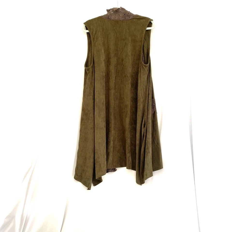 Chaleco Umgee Mujer Imitación Gamuza Crochet Encaje Ribete Talla L Verde Oliva Bolsillos Boho Foto 2 de 4