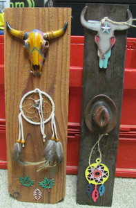2 Painted Southwestern Skull Wall Hanging Décors with Dream Catchers