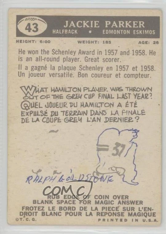 1959 Topps CFL Jackie Parker #43 - Image 2 of 2