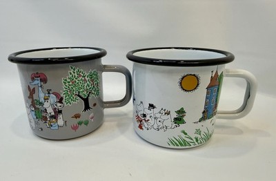Set Of 2 Muurla Metal Enamel Mugs: Moomin Garden On Gray & Moomin Village White