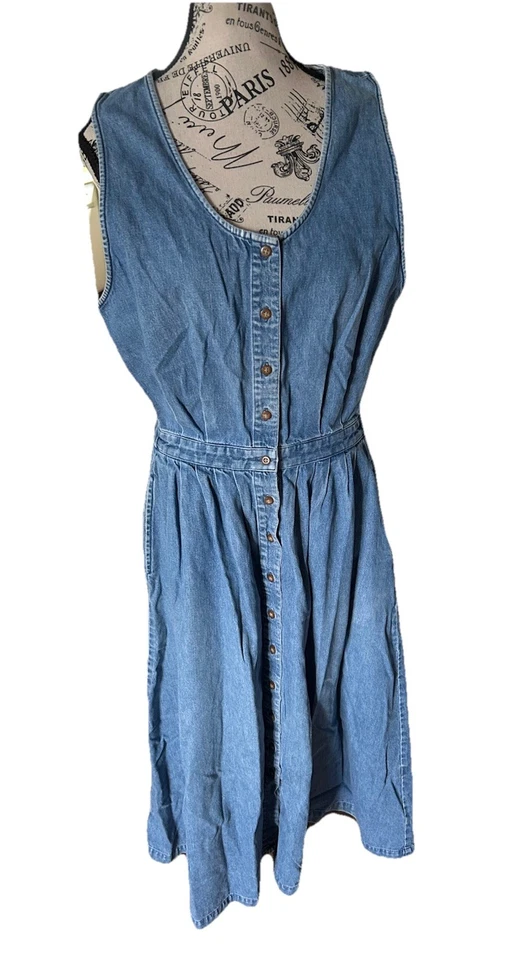 Vestido sin mangas vintage Eddie Bauer con botones delanteros de mezclilla con cintura elástica talla M años 90 Foto 2 de 4
