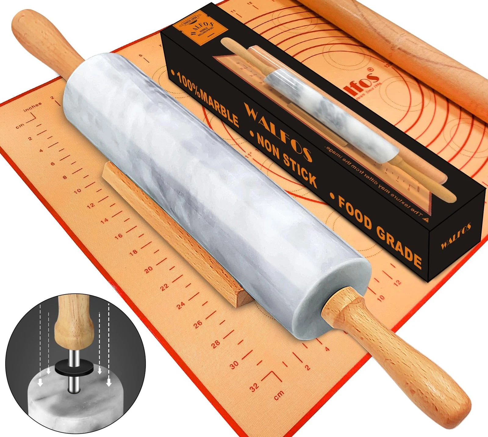 Marble Rolling Pin Set With Non Stick Silicone Pastry Mat, 16.5 Inch Dough Ro...