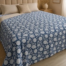Blue Kantha Bedspread Block Print Quilt King Size Handmade Floral Bedcover