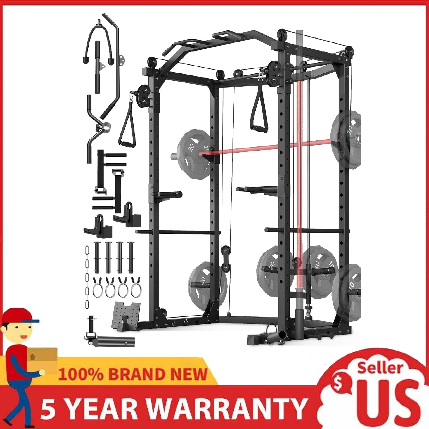 Power Cage Power Rack with Pulley Cable System Workout Squat