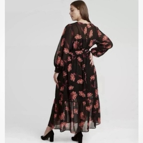 Ava & Viv Floral Print Belted Maxi Dress in Red Geranium Sheer Sleeve 4X NWT - Picture 2 of 8