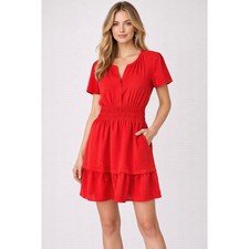 Tahari Arthur S Levine Short Sleeve Tiered Mini Dress Poppy Red Womens Small New