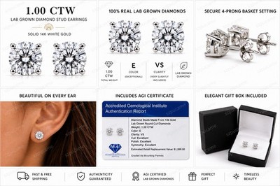 1,00 ctw Lab Grown Diamant Ohrstecker massiv 14K Weißgold E VS AGI Zertifikat