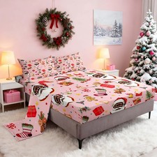 Merry Christmas Bed Sheets Sets Twin Size Kids Boys Girls Santa Claus Christm...