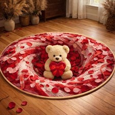 Valentine Teddy Bear Round Floor Mat, Cute Love Bear Rug, 3D Illusion Heart Rose
