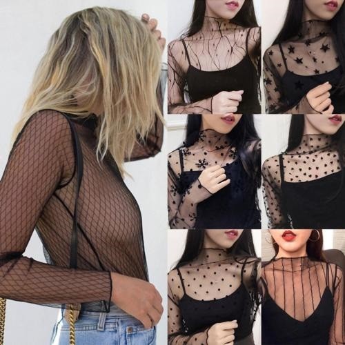 Fashion Women Mesh Sheer Long Sleeve 
