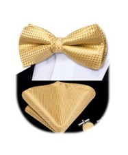 Mens Pre-tied Bowtie and Pocket Square Set Paisley/Striped/Checks Gold Checks