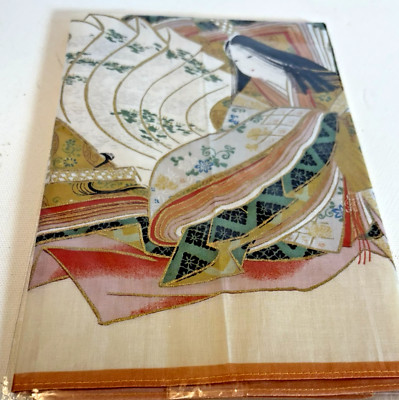 Asian Lady Printed on Cloth Hanky Kanji Characters Upper Area Sewn Border NEW