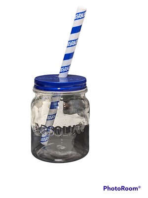 Absolut Vodka Plastic Mason Jar Cups w/ Lid & Straw, NEW, No Box