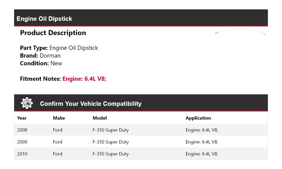 Varilla de medición de aceite de motor Dorman V8 6,4 L Ford F-350 Super Duty 2008-2010 2009 Foto 2 de 3
