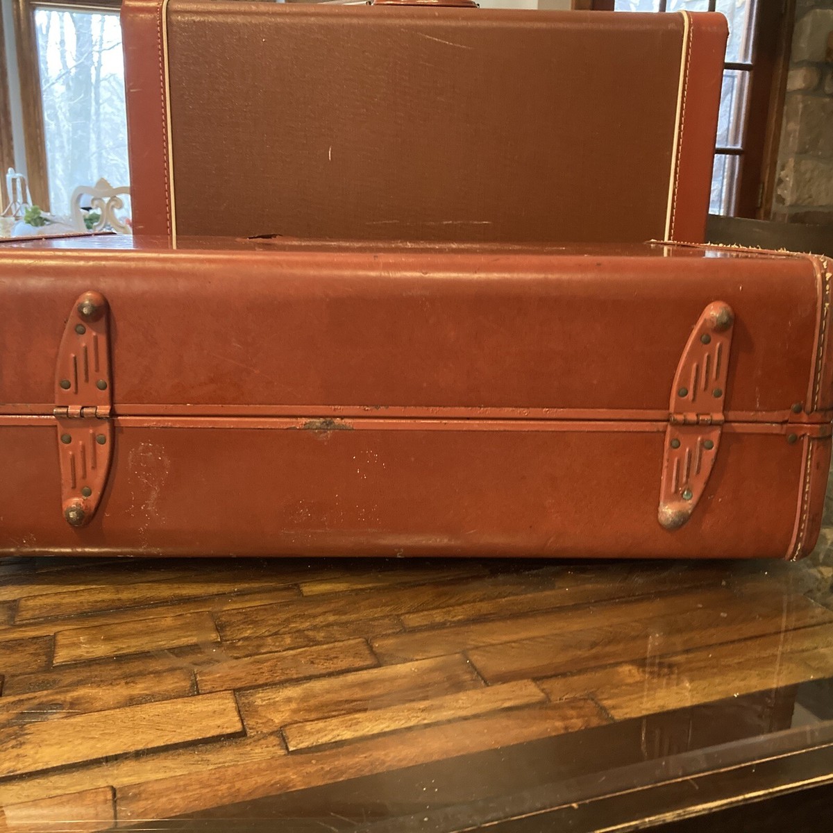 Samsonite 1950's Vintage Leather Hard Case Luggage 21x15x7 Brass