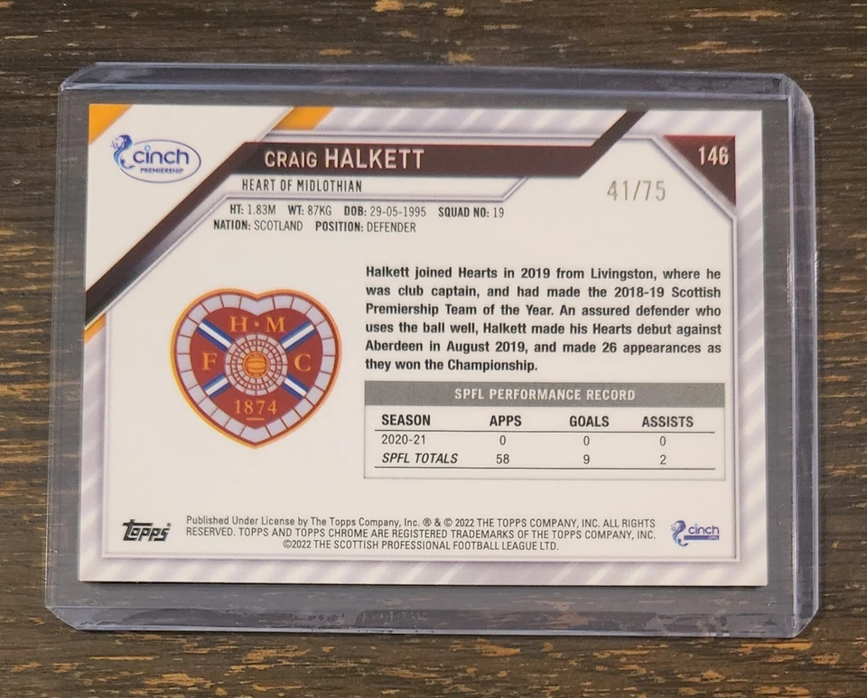 2021-22 Topps Chrome SPFL Craig Halkatt RC Gold #/75 Heart Of Midlothian Foto 2 de 2