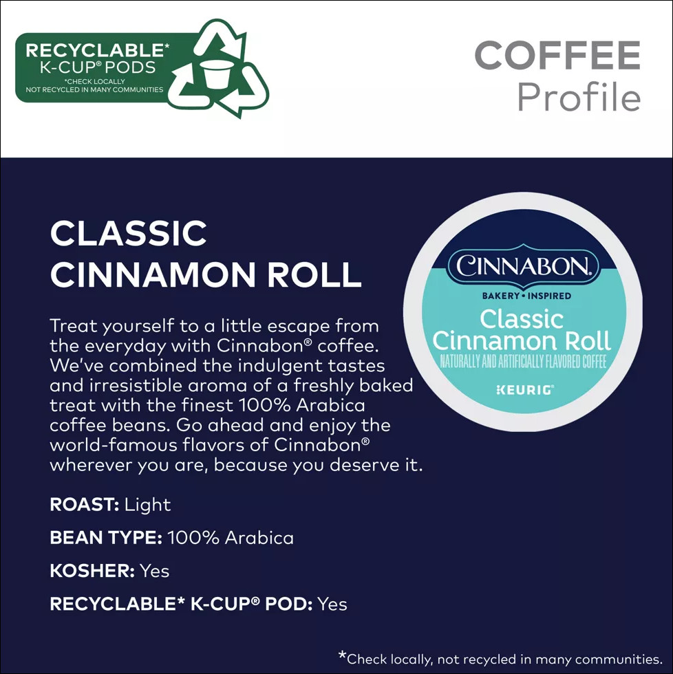 Cinnabon. Classic Cinnamon Roll Coffee, Keurig K-Cup Pods, Light Roast, 96 Count