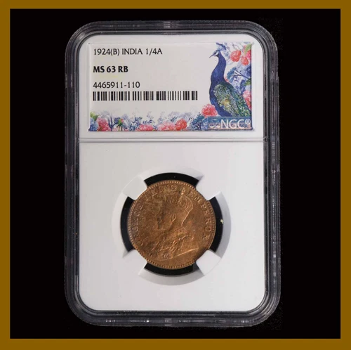 British India 1/4 (Quarter) Anna, 1924 (B) Bombay NGC MS 63 RB King George V