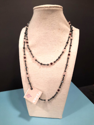 39'' Artisan Hand Crafted Rose Quartz Garnet & Hematite Necklace Sterling Clasp