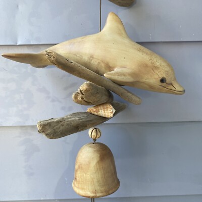 Hazel Olsen 1989 Pottery Dolphin Shells Driftwood Wind Chime