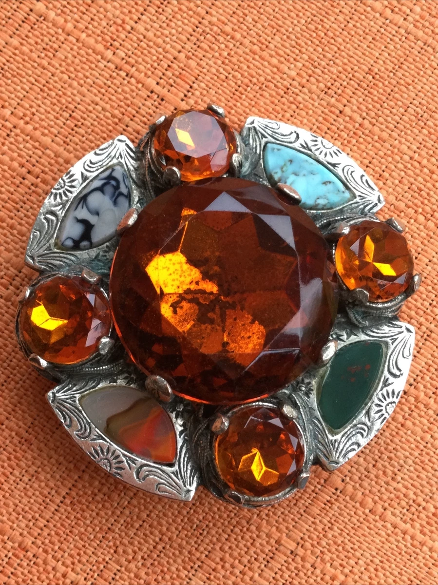 Vintage Miracle Brooch Scottish Celtic Orange Glass Citrine Agate signed