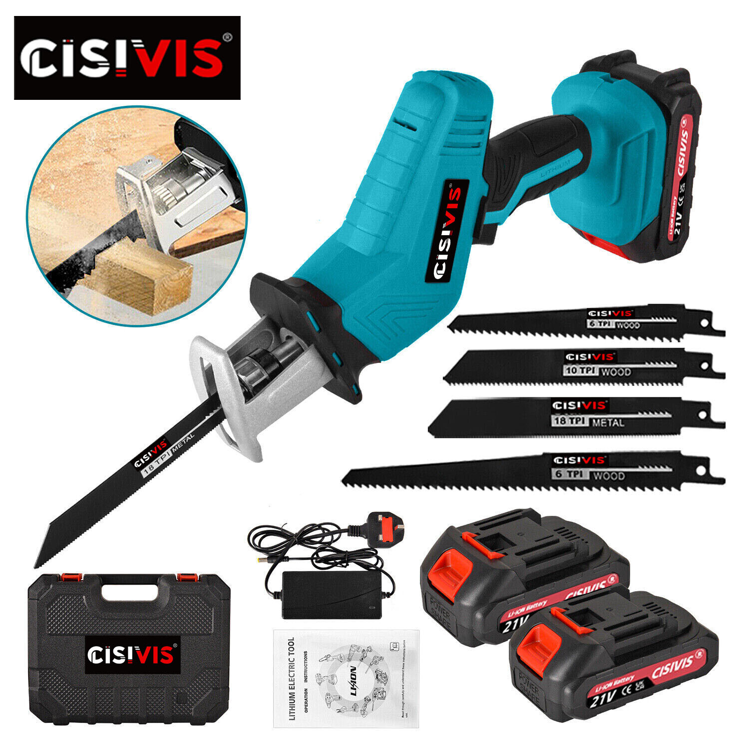 Cordless Electric Reciprocating Saw Garden 4 Blades Wood Cutting