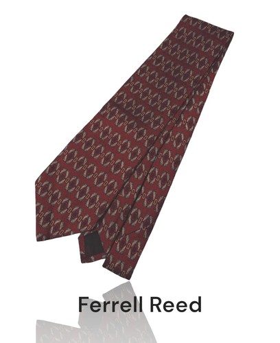 Ferrell Reed Silk Necktie, 58"X3.75", Red/Gray/Black/Yellow Geometric. OB-3