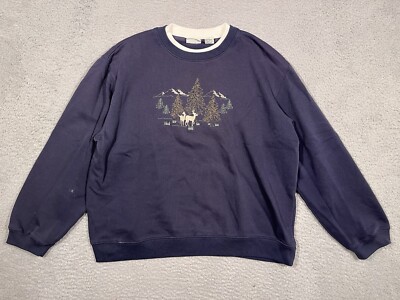 VTG Classic Elements Grandma Sweatshirt XL Embroidered Mountains Deer Blue