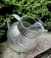 Vtg Anchor Hocking 1938  MANHATTEN CLEAR Glass ART DECO Ribbed Ball Jug/ Pitcher