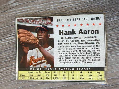 1961 Post Cereal Baseball Hank Aaron #149 Milwaukee Braves Low Grade