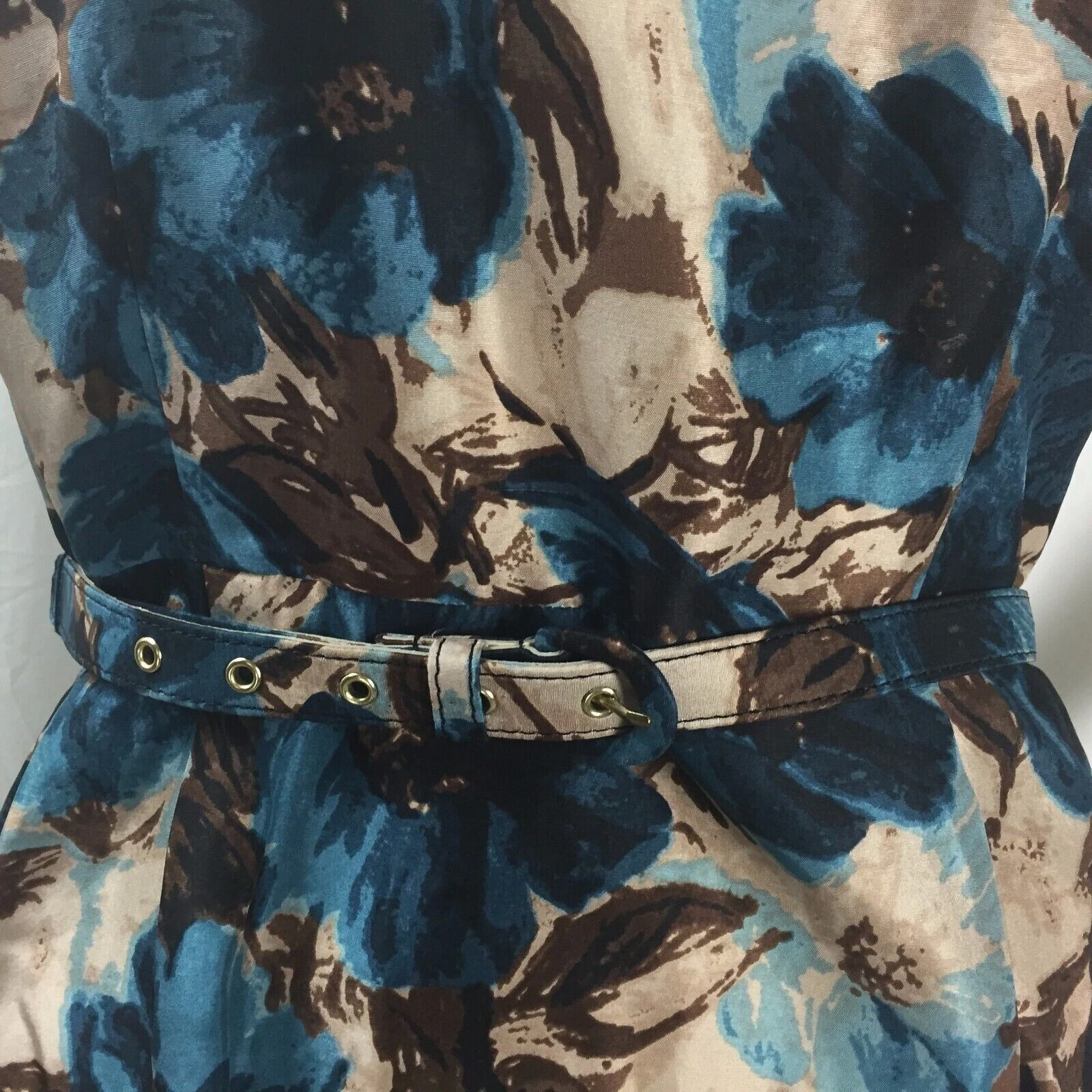 Abito Kate Spade New York blu e marrone floreale senza maniche in seta con cintura taglia 6