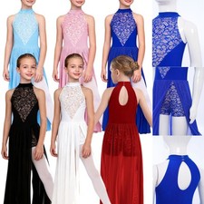 Girls Jumpsuit Halter Leotard Lace Dress Overlay Dancewear Sleeveless Costume