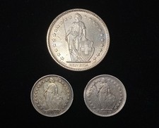 Lot of 3 Swiss 83.5% Silver Coins 1965 2 Francs, 1946 1/2 Franc, 1920 1/2 Franc