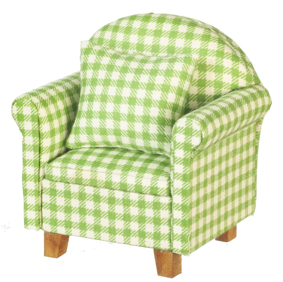 Dolls House Light Green Gingham Check Armchair Miniature Living Room Furniture - Image 1 of 1