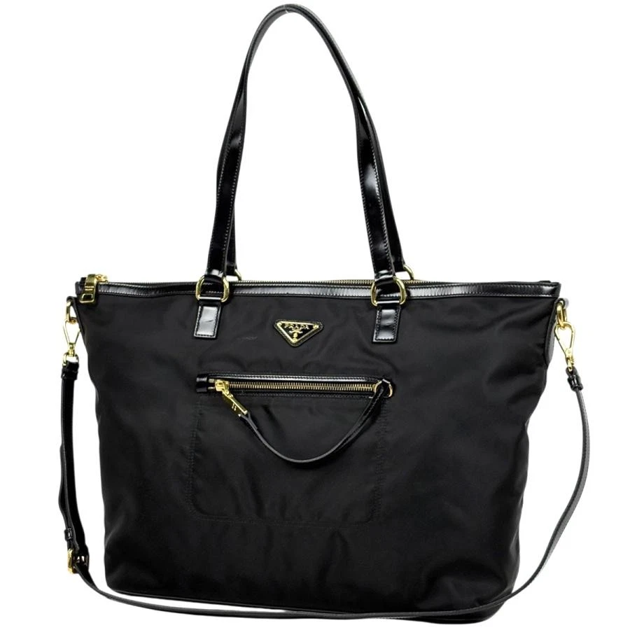 Prada — Prada Logo Plate 2WAY Nylon Leather Black Tote Bag #BS1503