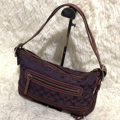 COACH Shoulder Bag One Strap Signature Purple Leather Suede Pocket