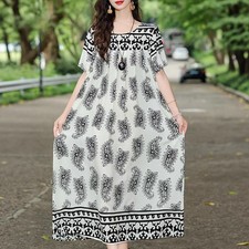 Women Summer Dress Short Sleeve Boho Midi Floral Print V Neck A Line Sundress