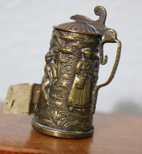 Antique Brass Repousse German Beer Stein Figural Tape Measure Sewing Beer Garden