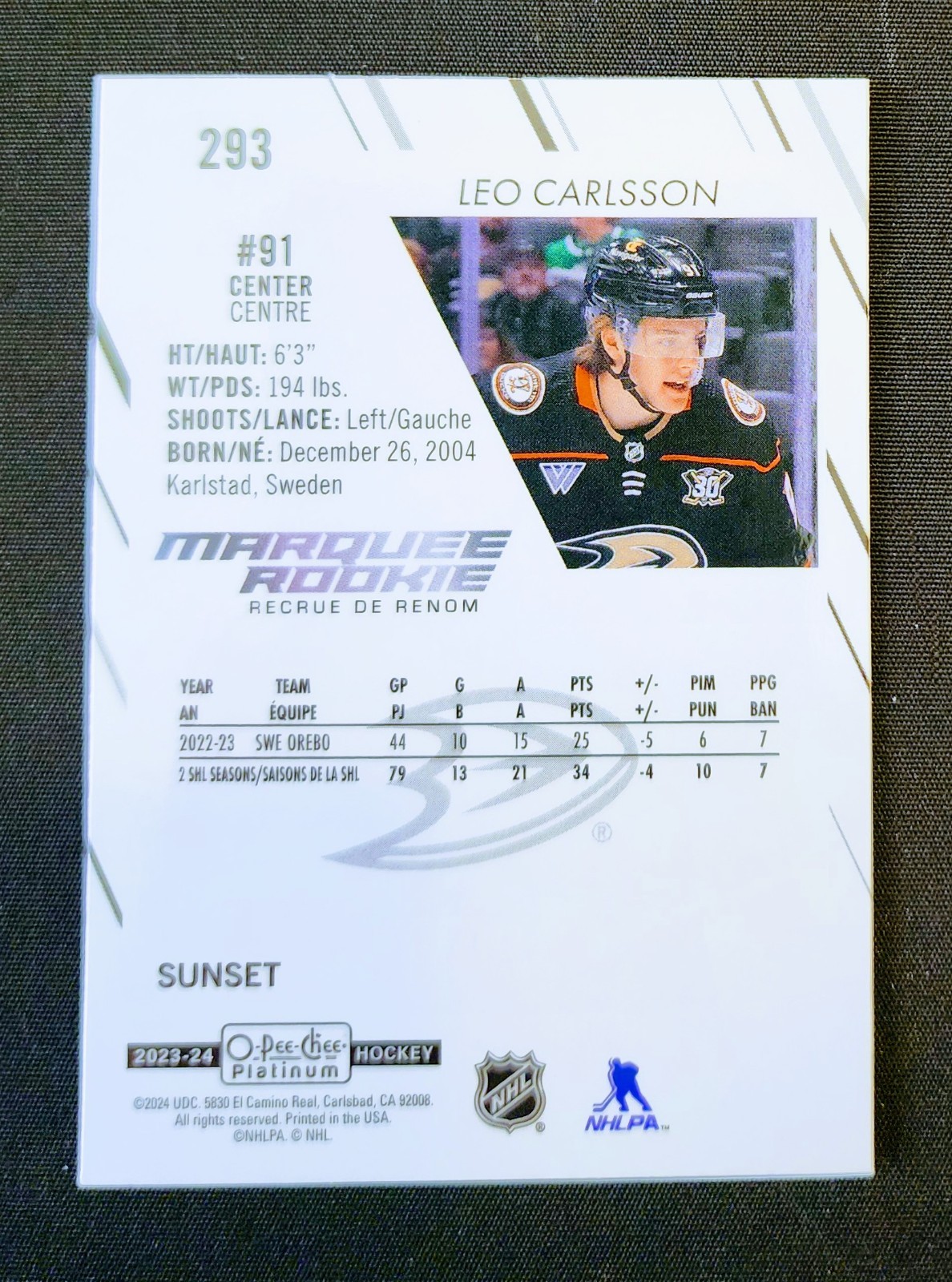 2023-24 OPC O-Pee-Chee Platinum Sunset Marquee Rookie Leo Carlsson RC #293