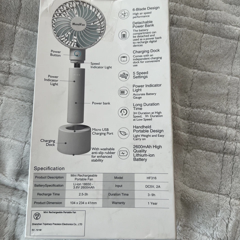 HandFan 便携式手持风扇 迷你个人风扇 带可拆卸手柄 5 Spee... — 第 3/3 张图片