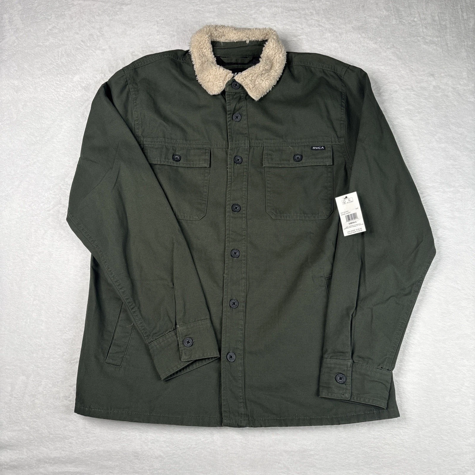 RVCA Mens Green Range Jacket Shacket Sherpa Collar Utility Lined Size Small NWT