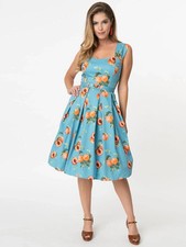 ModCloth Unique Vintage Collectif Blue Peaches Jill Swing Dress UK 14 US 10 L