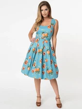 ModCloth Unique Vintage Collectif Blue Peaches Jill Swing Dress UK 14 US 10 L