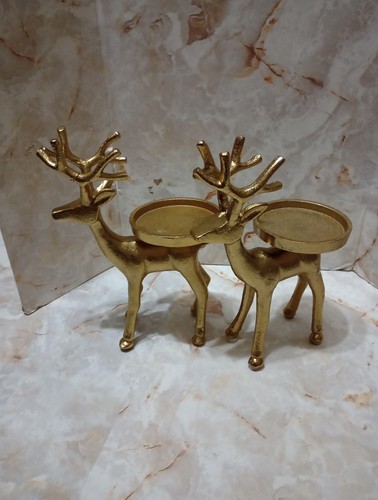 Pair Of Gold Metal Reindeer Pillar Candle Holders~8 Inch - Picture 1 of 4