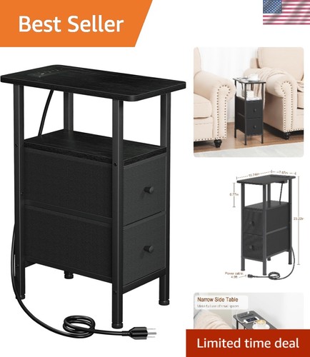 Narrow End Table with Charging Station Side Table for Small Spaces Black