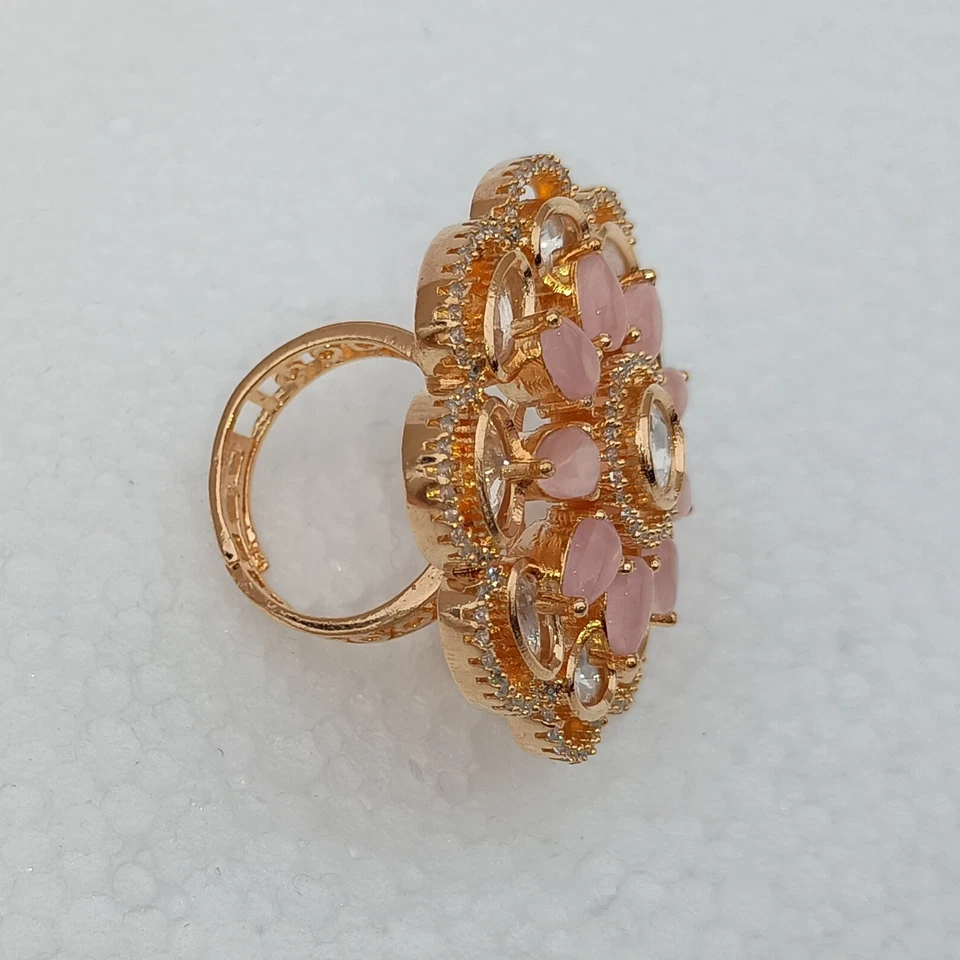 Anillo ajustable de cuarzo rosa con circonita cúbica enchapado en oro joya de compromiso de fiesta nupcial para mujer Foto 2 de 4