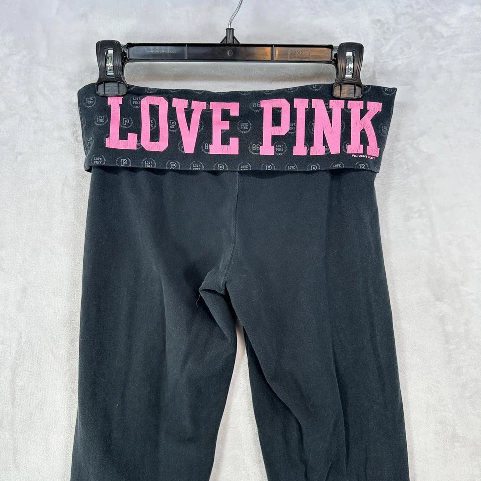 PINK Victoria's Secret Leggings Womens Small Black Foldover Waist Love Pink Y2K - Image 2 of 4